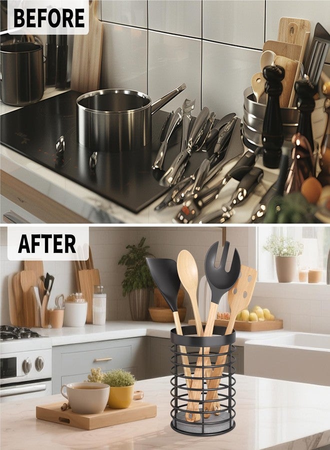 DTONIMA Utensil holder - Large Round Utensils Holder with Diatomaceous Base Matte Black Cooking Utensil Holder,Kitchen countertop Utensil Organizer (Metal) - Image 2